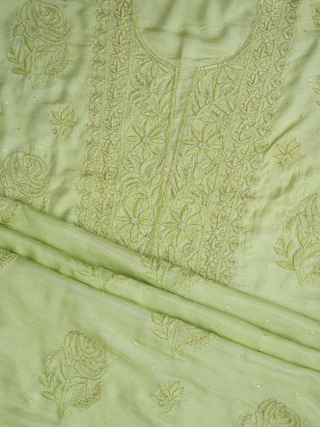 Ada Hand Embroidered Lime Green Muslin Lucknowi Chikankari Unstitched Suit Set With Zari Work 01A796107
