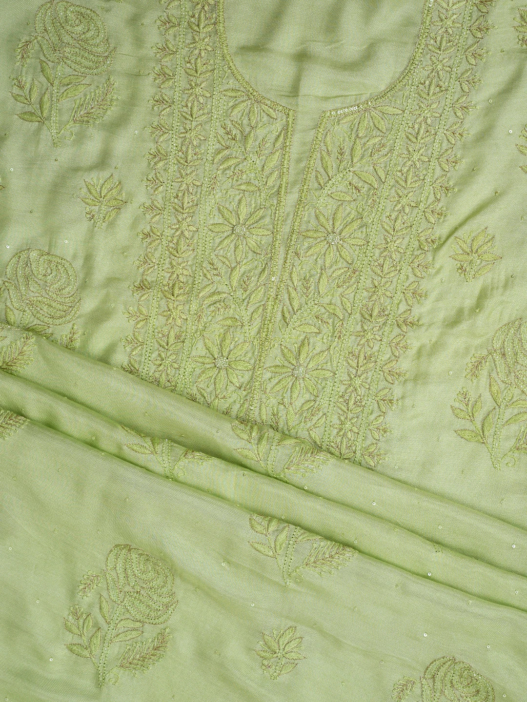 Ada Hand Embroidered Lime Green Muslin Lucknowi Chikankari Unstitched Suit Set With Zari Work 01A796107