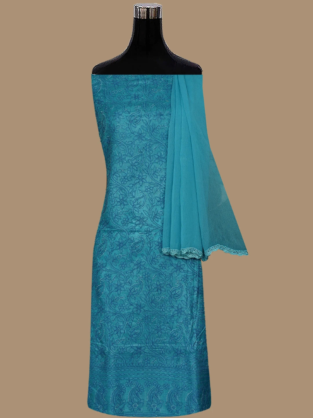 Ada Hand Embroidered Cerulean Blue Tussar Silk Lucknowi Chikankari Unstitched Suit Piece 01A774730