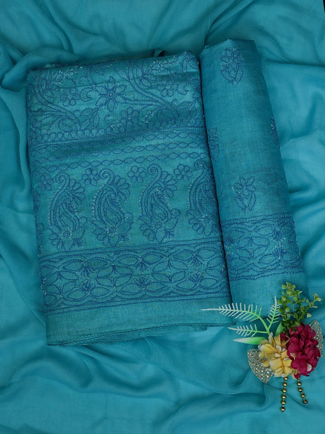 Ada Hand Embroidered Cerulean Blue Tussar Silk Lucknowi Chikankari Unstitched Suit Piece 01A774730