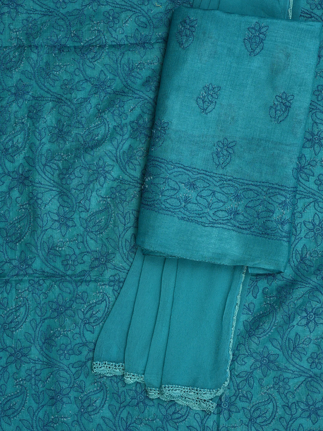 Ada Hand Embroidered Cerulean Blue Tussar Silk Lucknowi Chikankari Unstitched Suit Piece 01A774730