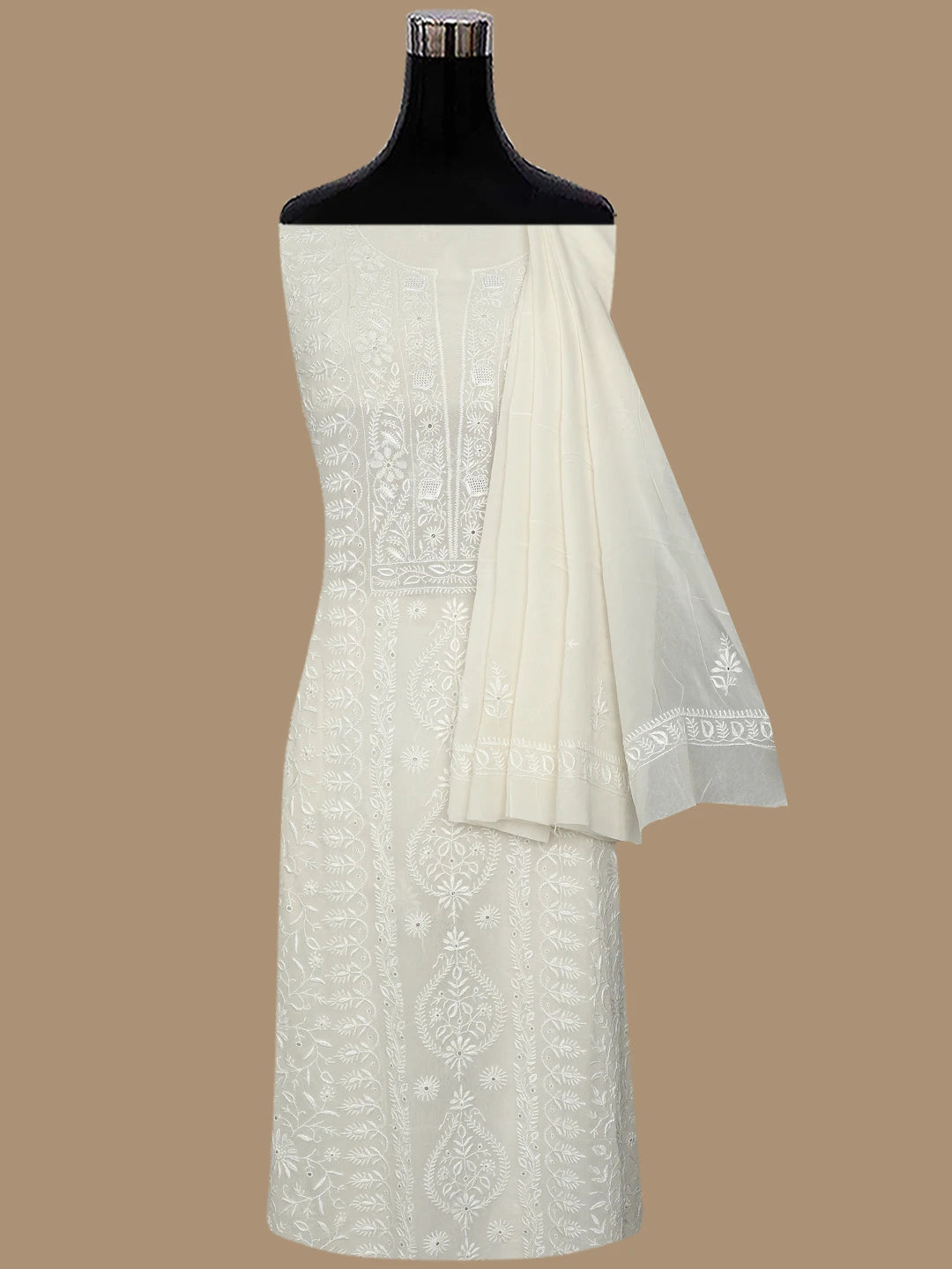 Ada Hand Embroidered White Pure Georgette Lucknowi Chikankari Unstitched Kurta Dupatta Set 01A856621