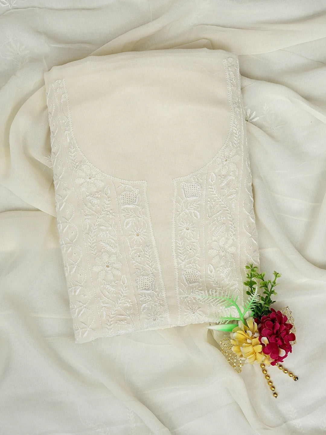 Ada Hand Embroidered White Pure Georgette Lucknowi Chikankari Unstitched Kurta Dupatta Set 01A856621