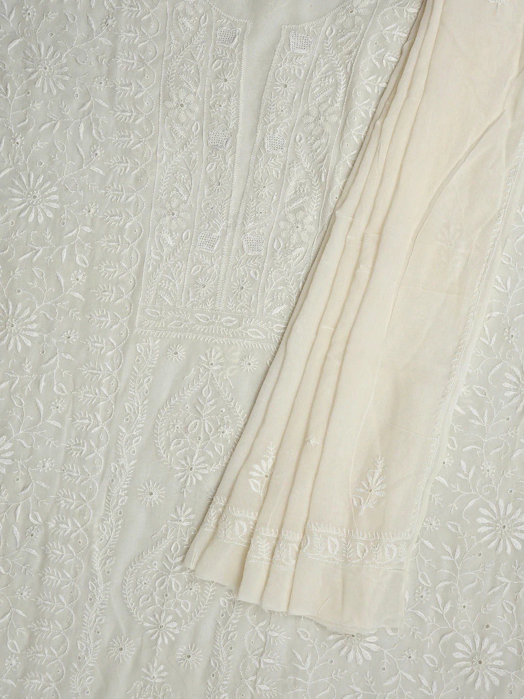 Ada Hand Embroidered White Pure Georgette Lucknowi Chikankari Unstitched Kurta Dupatta Set 01A856621