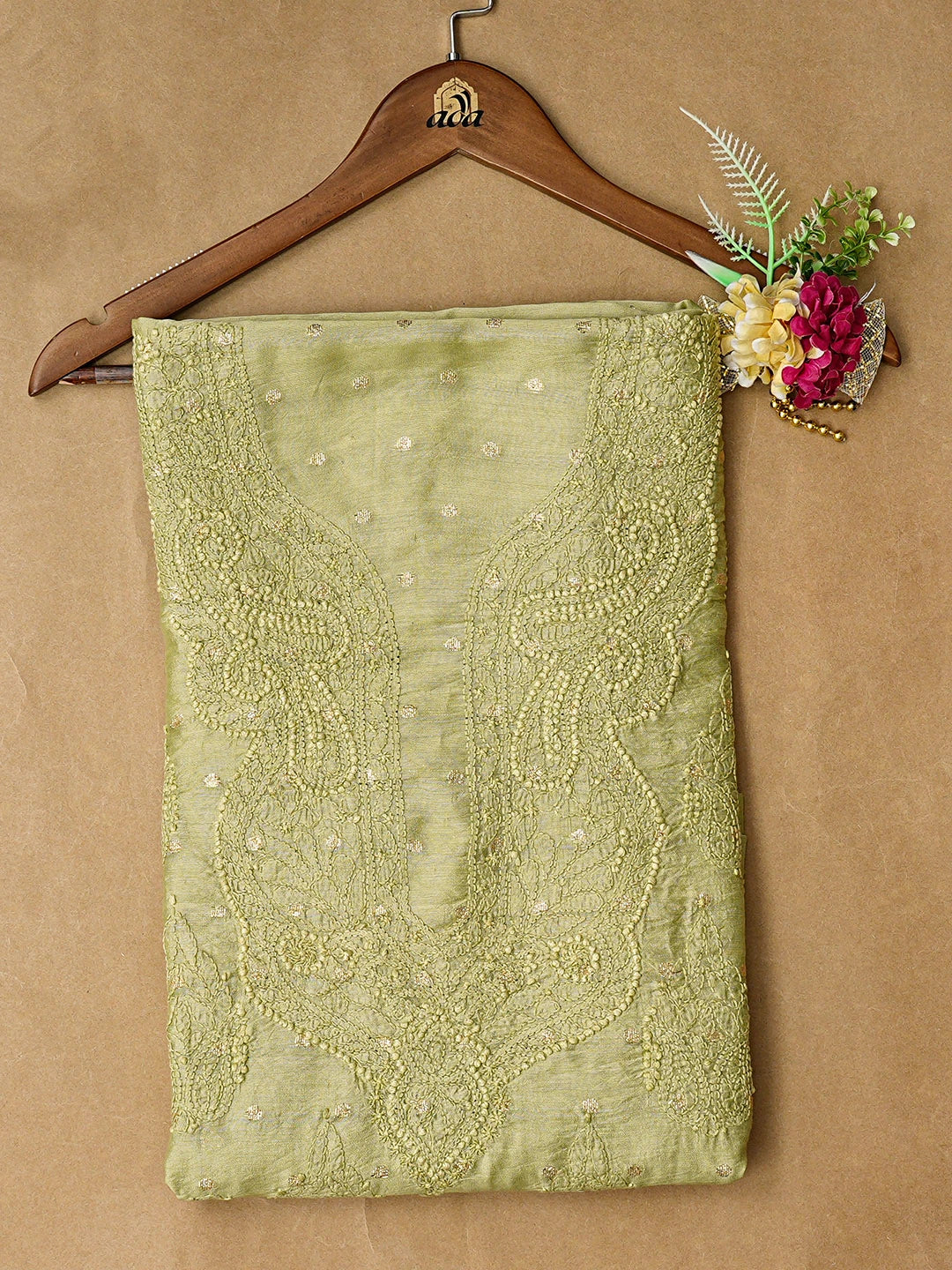Ada Hand Embroidered Green Chanderi Lucknowi Chikankari Unstitched Kurta Piece With Zari Work 01A845416