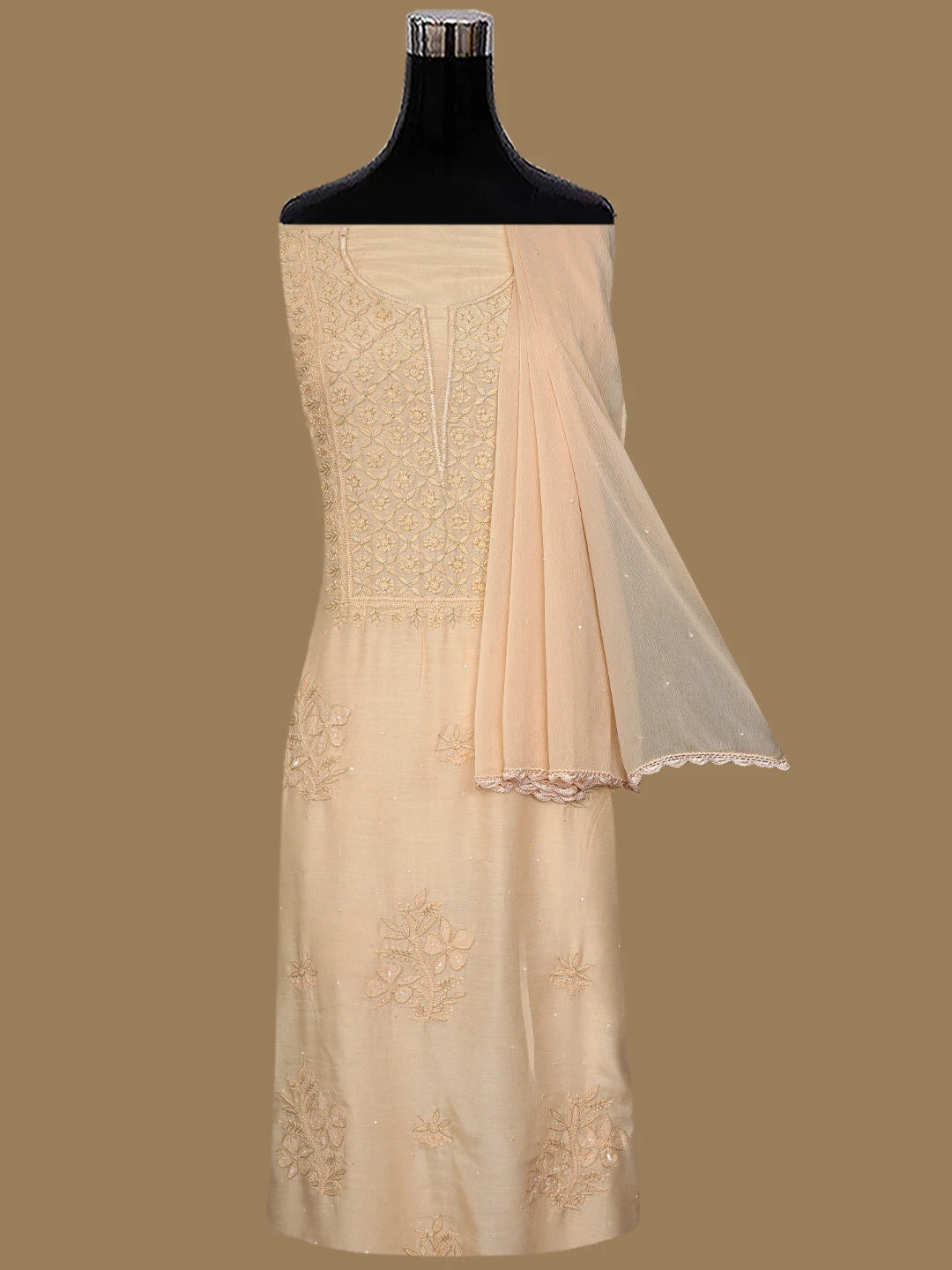 Ada Hand Embroidered Dusty Peach Muslin Lucknowi Chikankari Unstitched Suit Set With Zari Work 01A789326