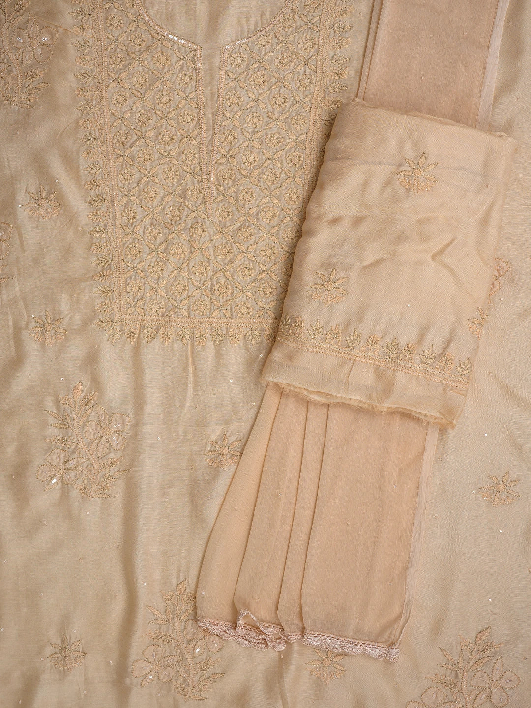 Ada Hand Embroidered Dusty Peach Muslin Lucknowi Chikankari Unstitched Suit Set With Zari Work 01A789326
