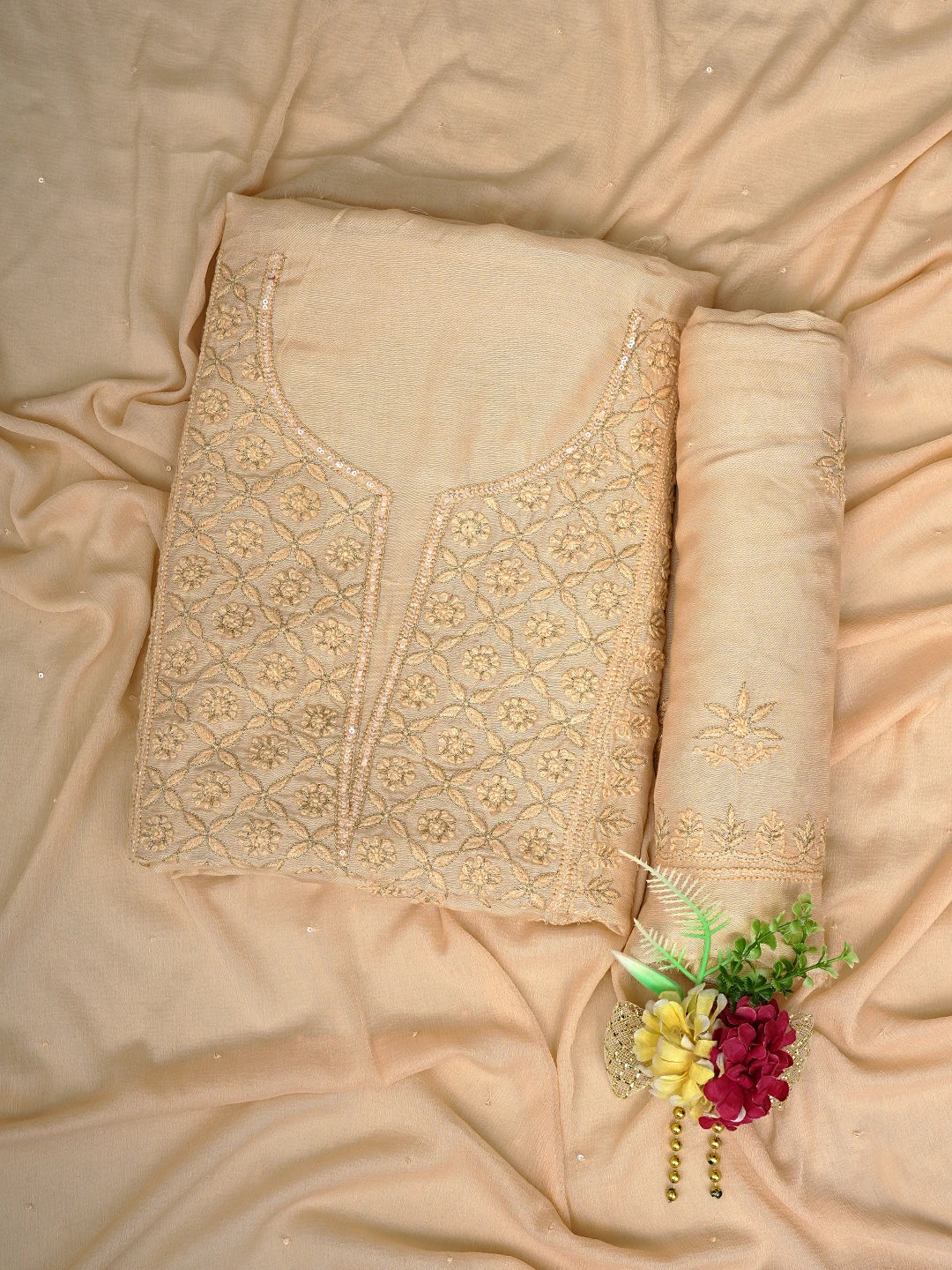 Ada Hand Embroidered Dusty Peach Muslin Lucknowi Chikankari Unstitched Suit Set With Zari Work 01A789326