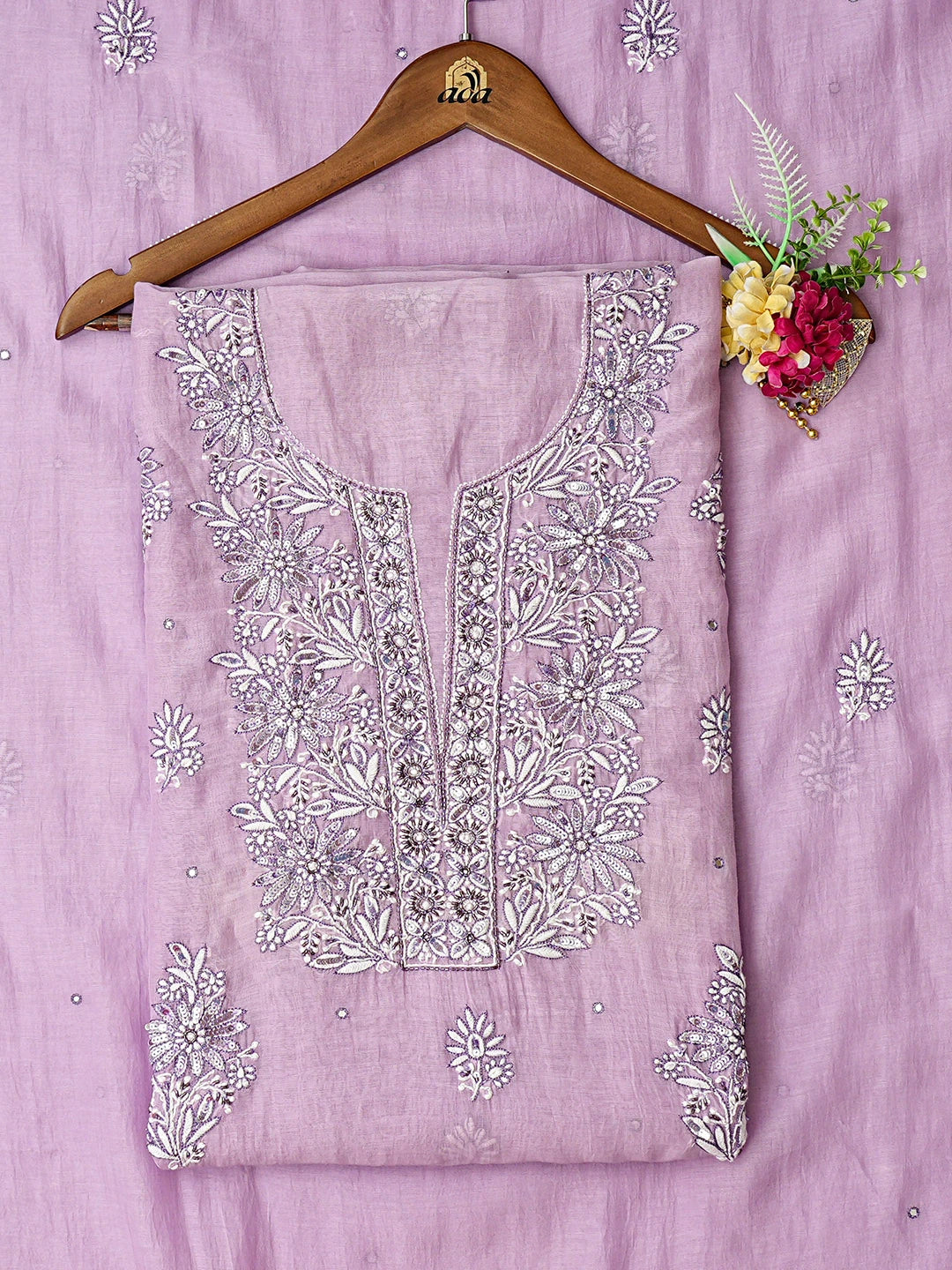 Ada Hand Embroidered Lavender Chanderi Lucknowi Chikankari Unstitched Kurta Dupatta Set With Cutdana Work 01A682969