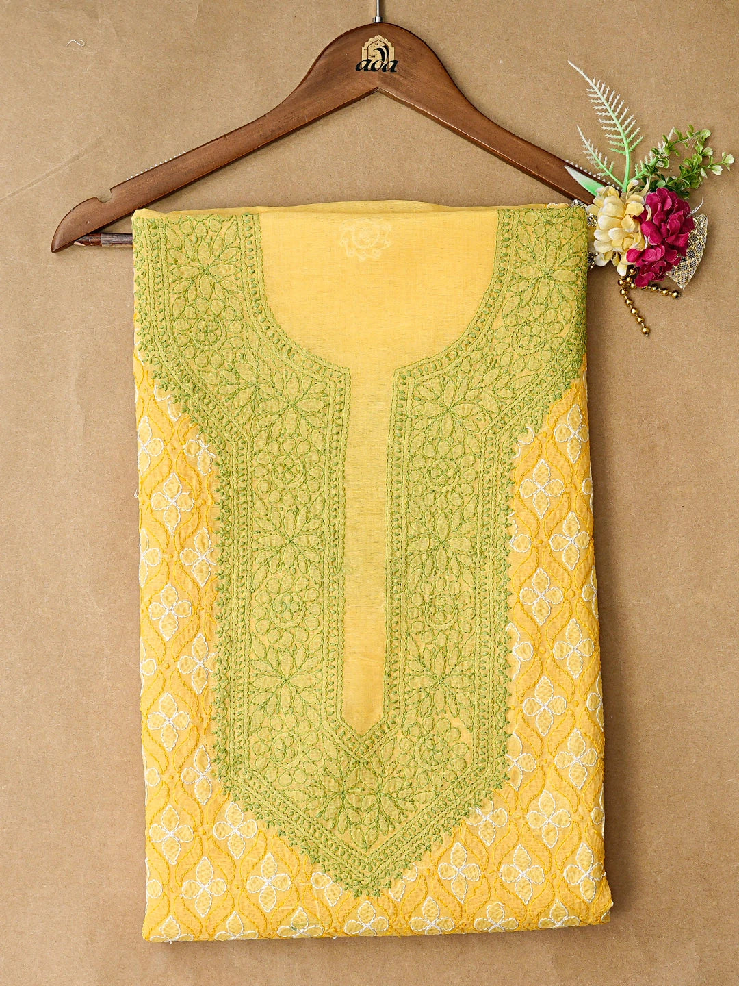 Ada Hand Embroidered Yellow Cotton Lucknowi Chikankari Unstitched Kurta Piece 01A831596