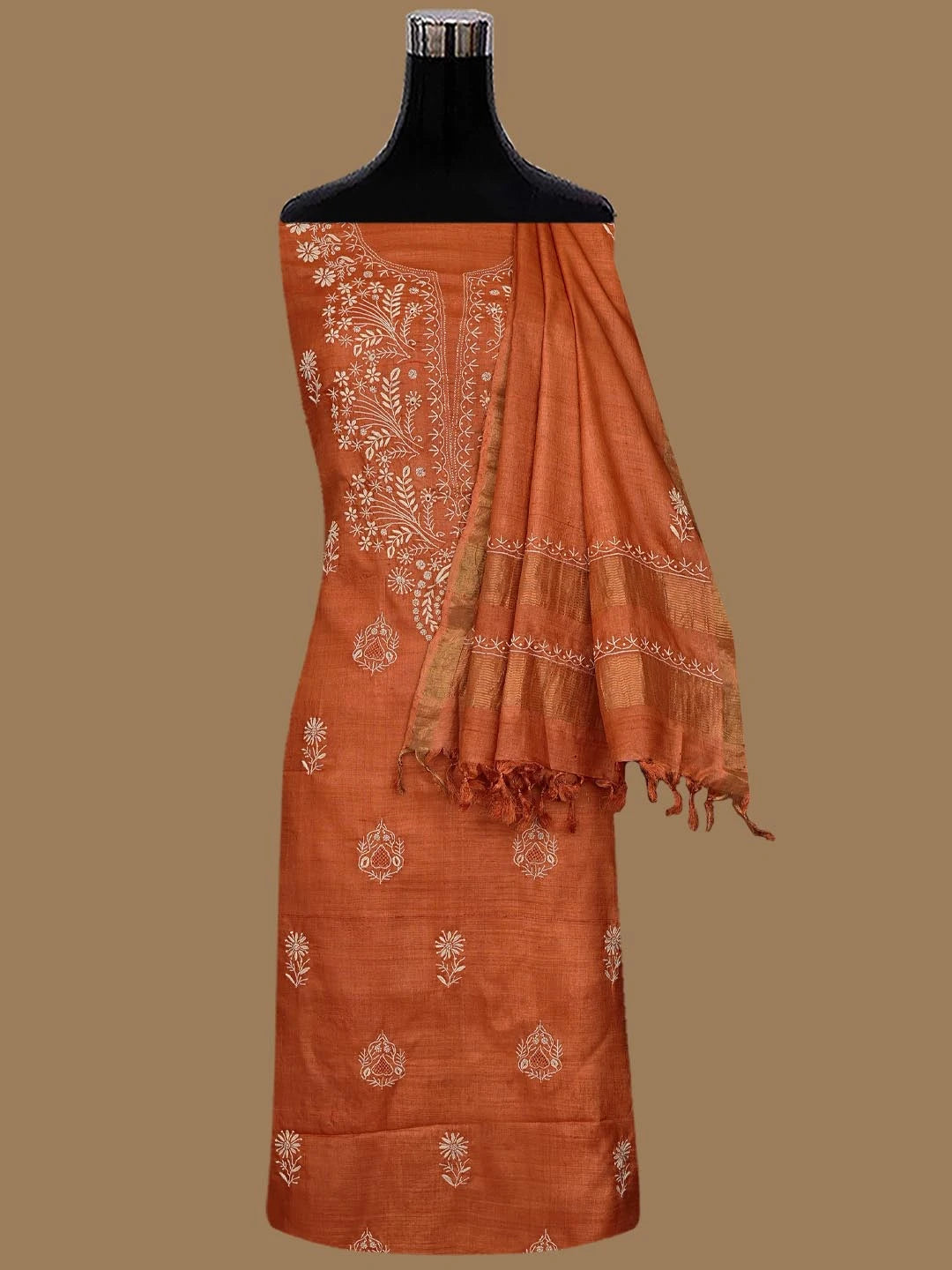 Ada Hand Embroidered Rust Silk Lucknowi Chikankari Unstitched Suit Piece 01A775434