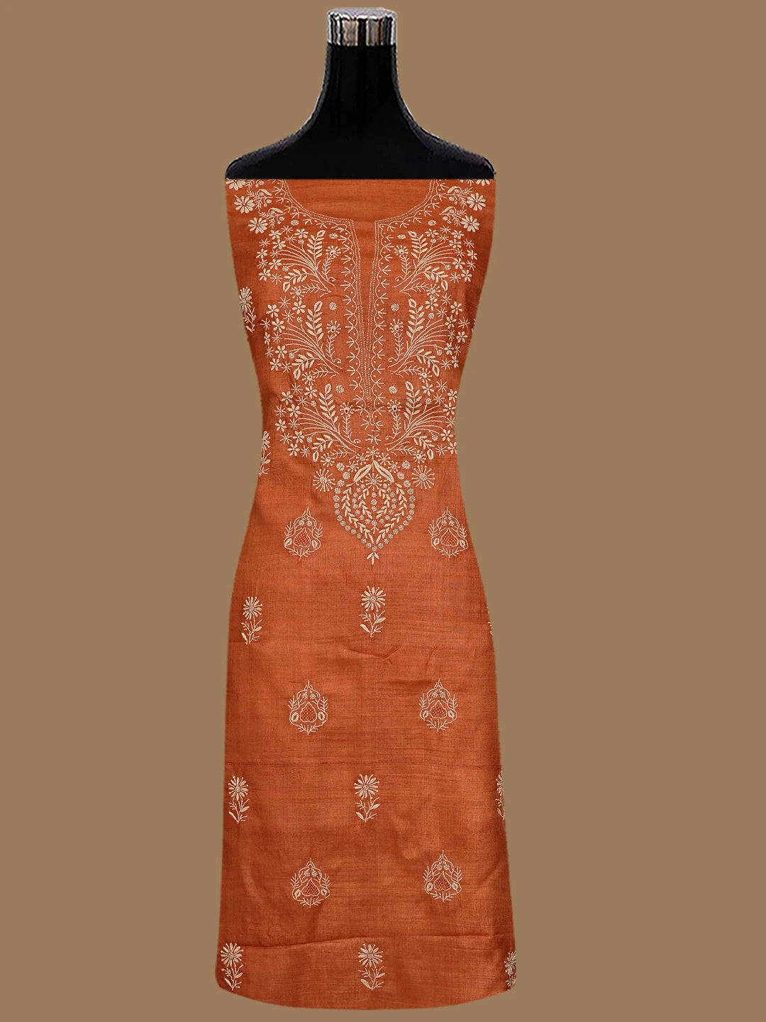 Ada Hand Embroidered Rust Silk Lucknowi Chikankari Unstitched Suit Piece 01A775434