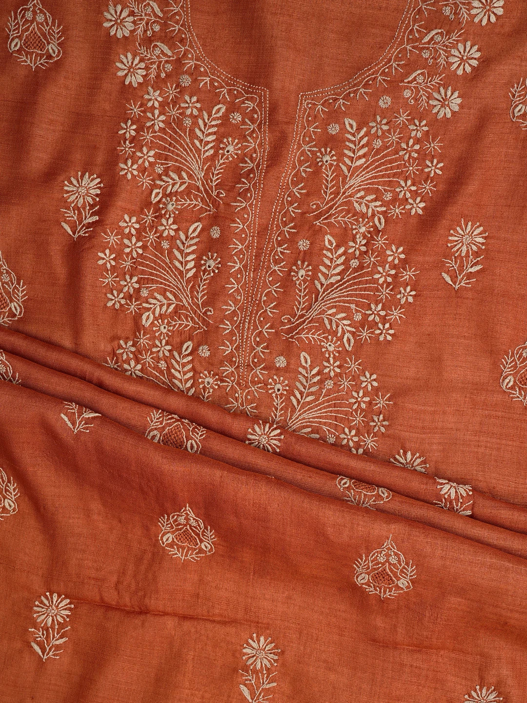 Ada Hand Embroidered Rust Silk Lucknowi Chikankari Unstitched Suit Piece 01A775434