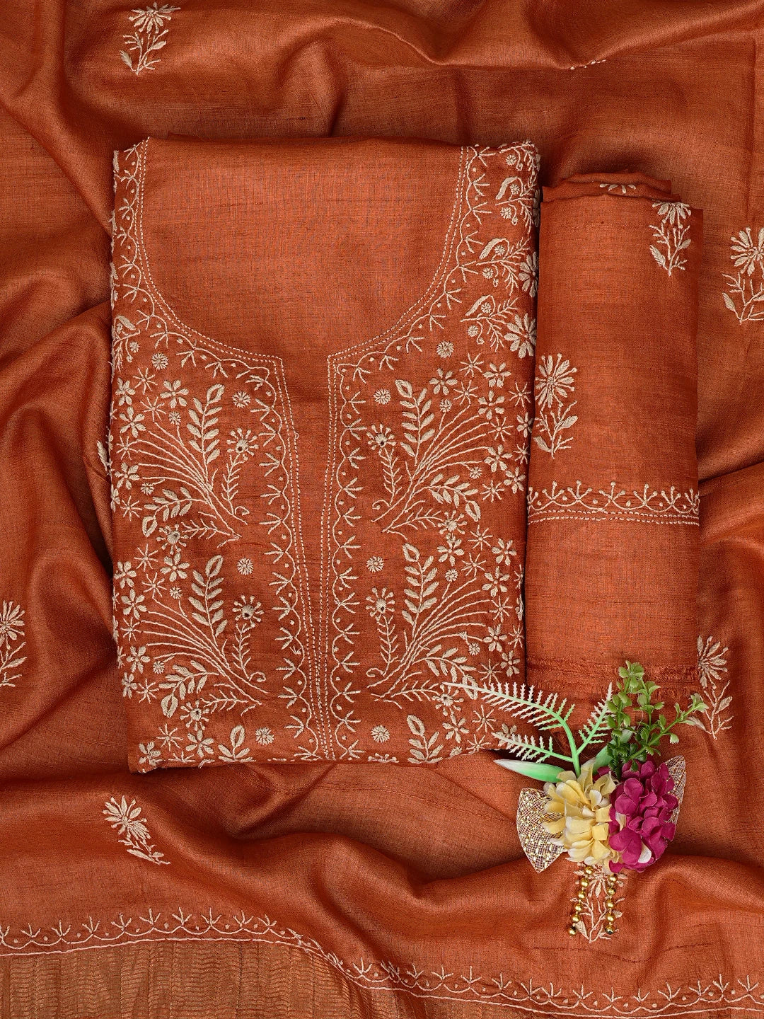 Ada Hand Embroidered Rust Silk Lucknowi Chikankari Unstitched Suit Piece 01A775434