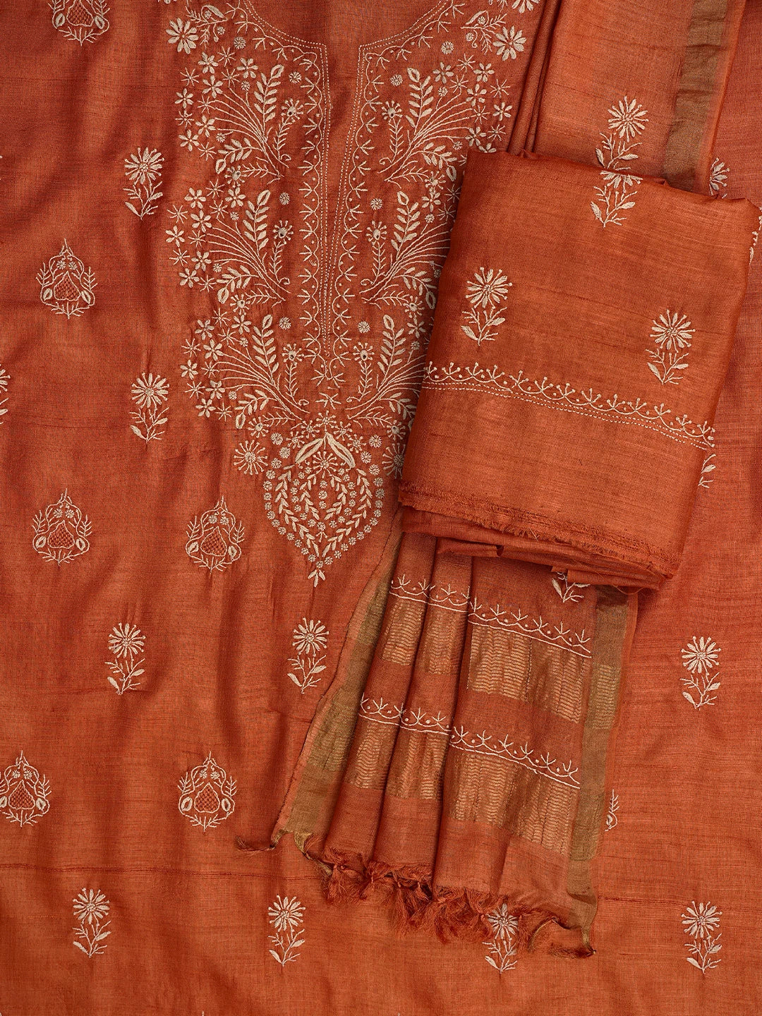 Ada Hand Embroidered Rust Silk Lucknowi Chikankari Unstitched Suit Piece 01A775434
