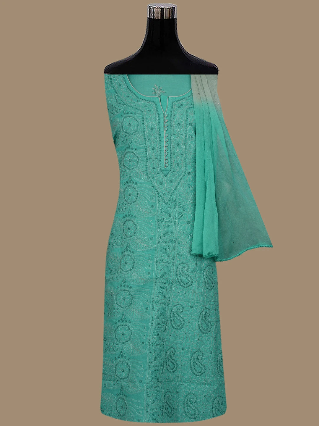 Ada Hand Embroidered Rama Green Cotton Lucknowi Chikankari Unstitched Suit Piece 01A856574
