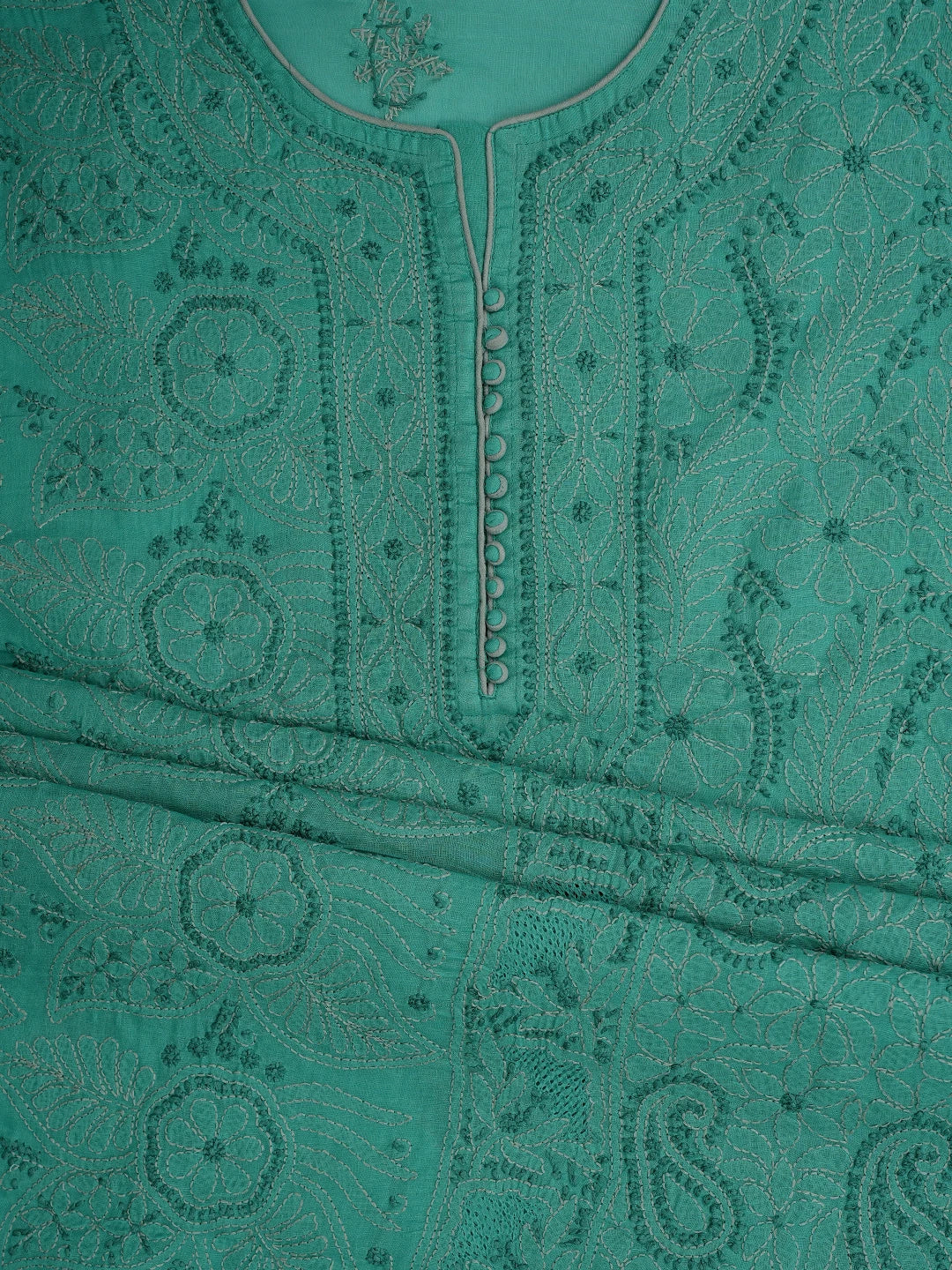 Ada Hand Embroidered Rama Green Cotton Lucknowi Chikankari Unstitched Suit Piece 01A856574
