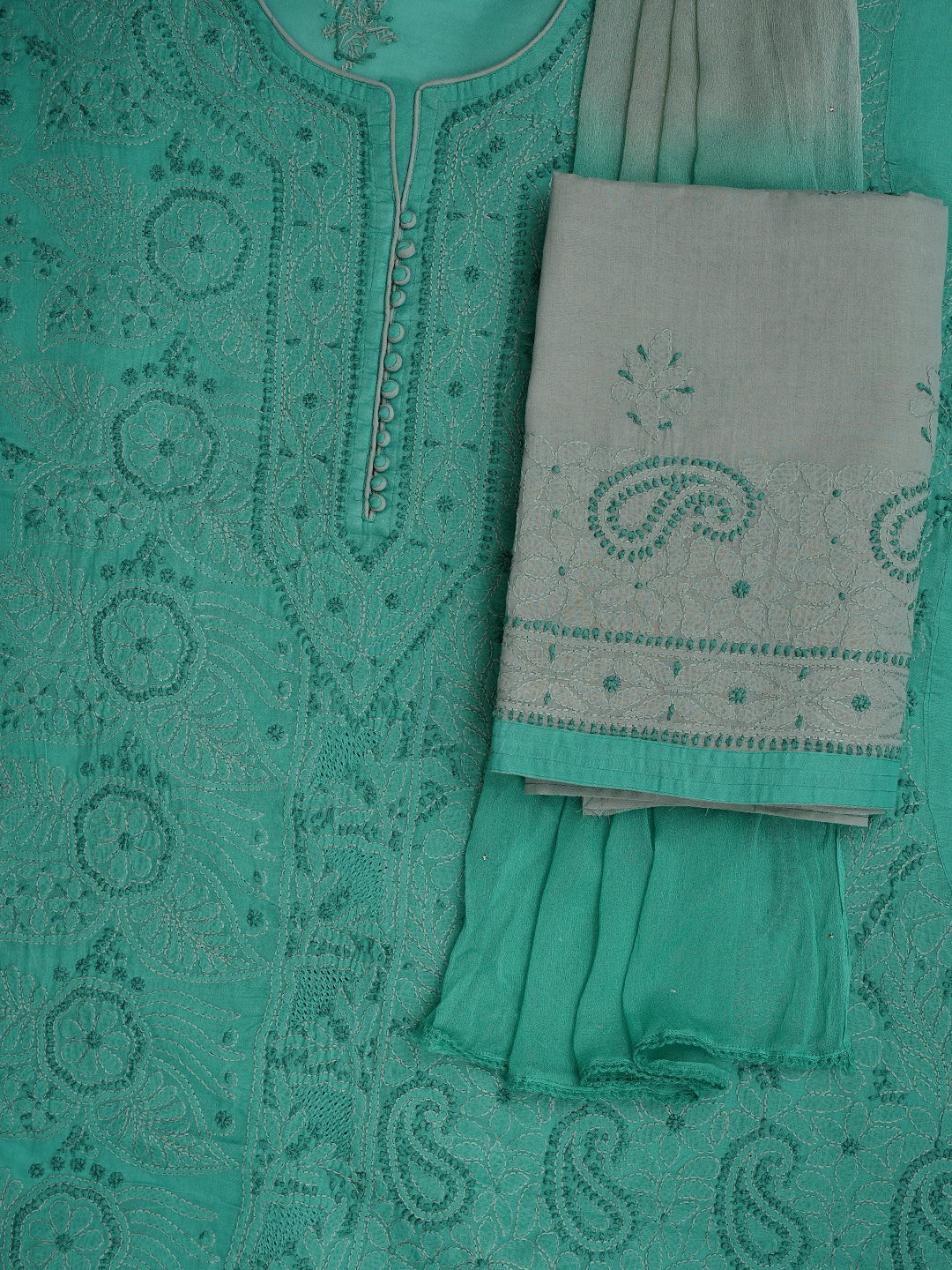 Ada Hand Embroidered Rama Green Cotton Lucknowi Chikankari Unstitched Suit Piece 01A856574