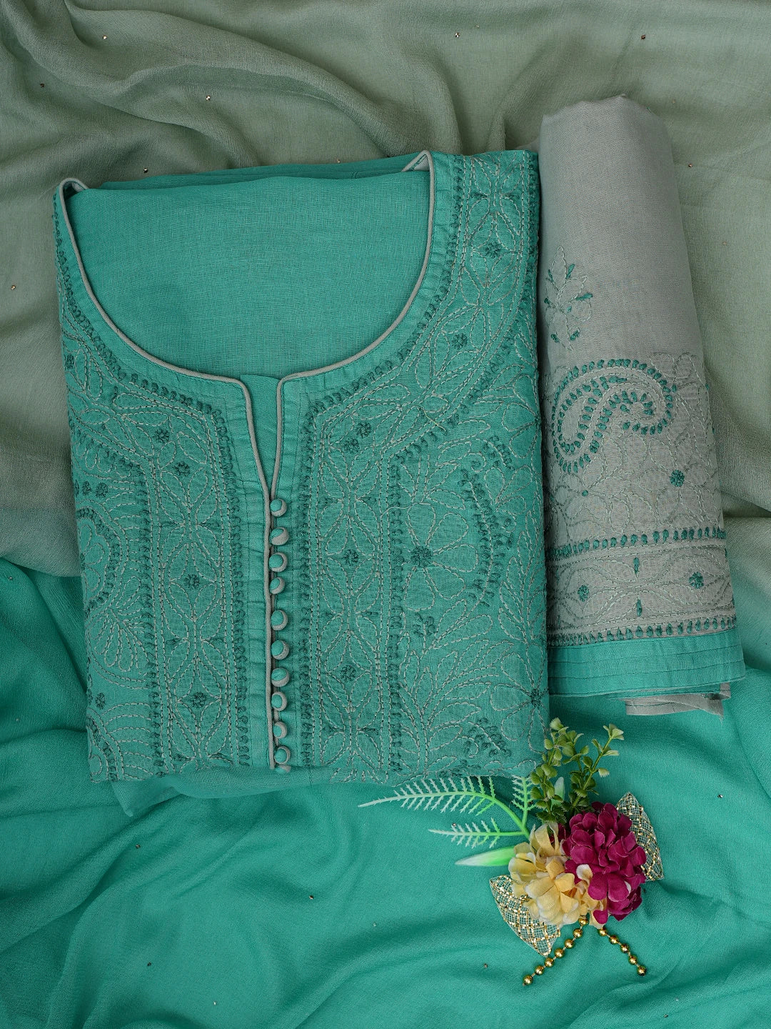 Ada Hand Embroidered Rama Green Cotton Lucknowi Chikankari Unstitched Suit Piece 01A856574