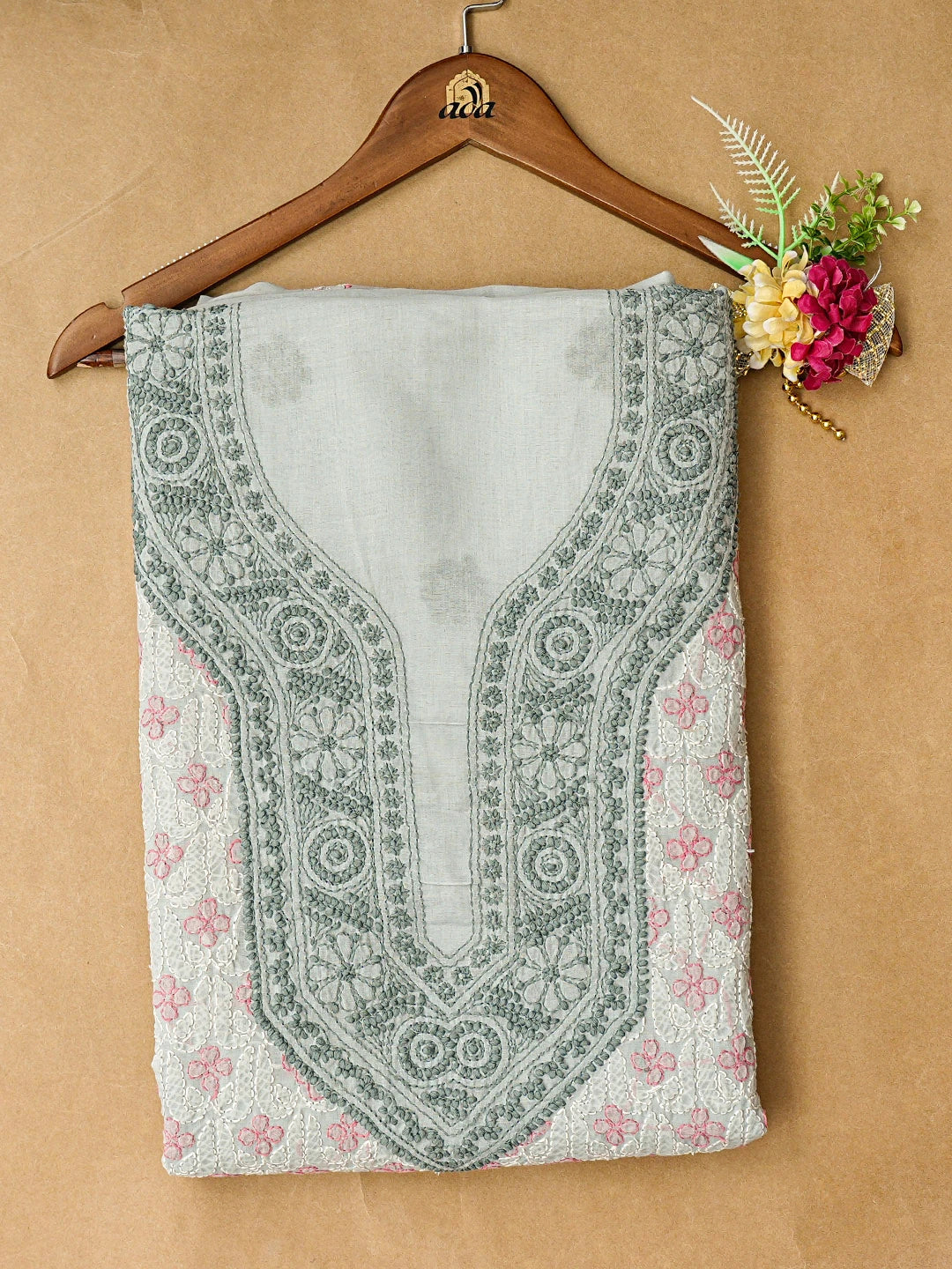 Ada Hand Embroidered Grey Cotton Lucknowi Chikankari Unstitched Kurta Piece 01A831615