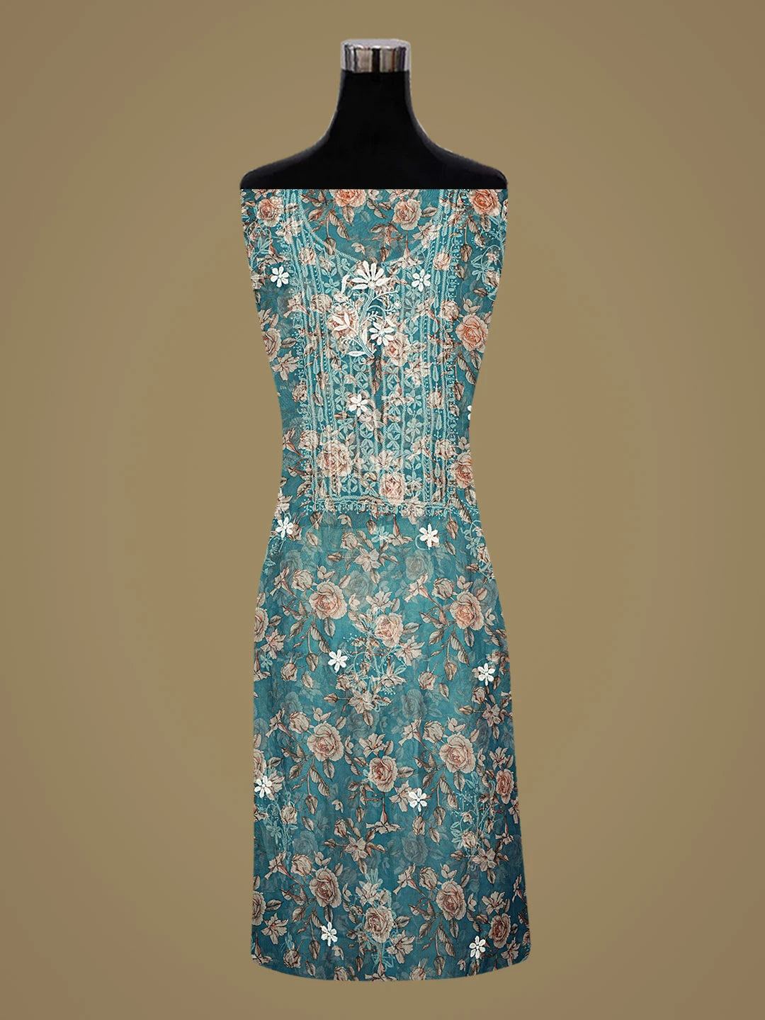 Ada Hand Embroidered Floral Printed Rama Green Organza Lucknowi Chikankari Unstitched Kurta Piece 01A833405