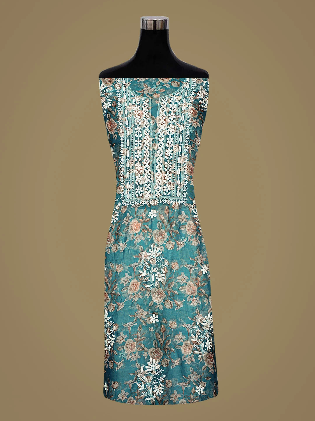 Ada Hand Embroidered Floral Printed Rama Green Organza Lucknowi Chikankari Unstitched Kurta Piece 01A833405
