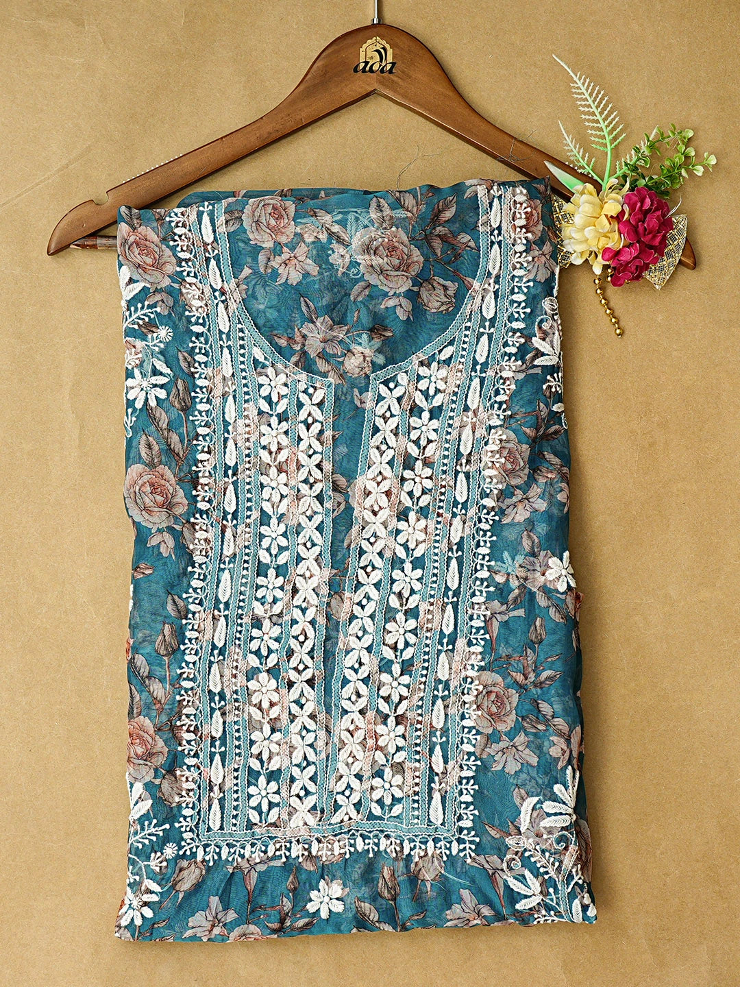 Ada Hand Embroidered Floral Printed Rama Green Organza Lucknowi Chikankari Unstitched Kurta Piece 01A833405