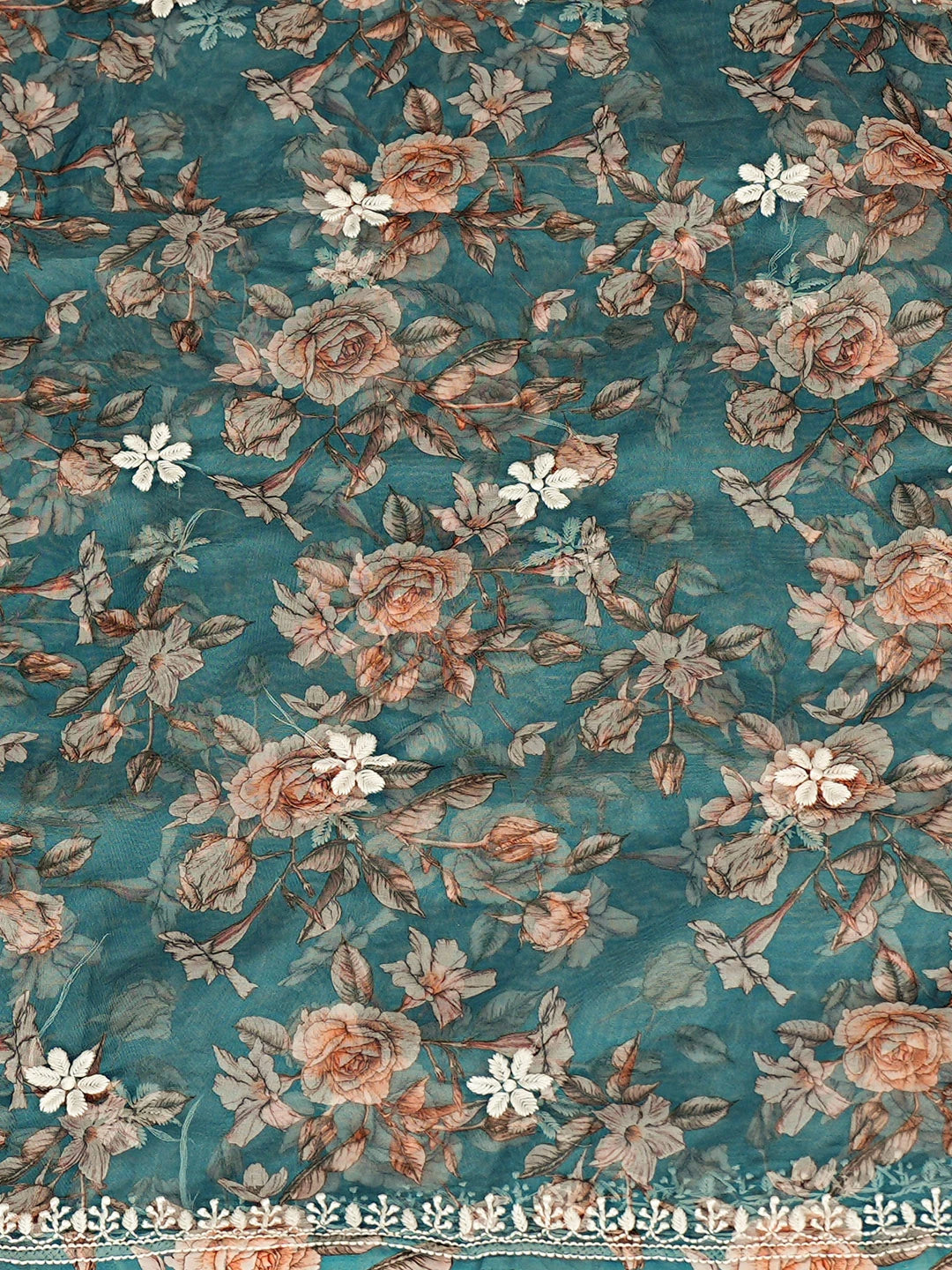 Ada Hand Embroidered Floral Printed Rama Green Organza Lucknowi Chikankari Unstitched Kurta Piece 01A833405