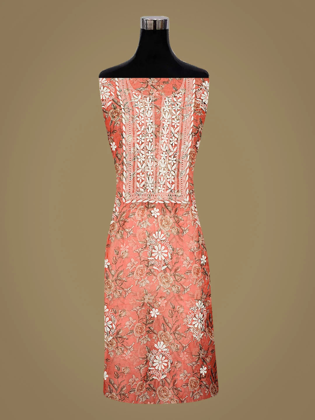 Ada Hand Embroidered Floral Printed Orange Organza Lucknowi Chikankari Unstitched Kurta Piece 01A833439