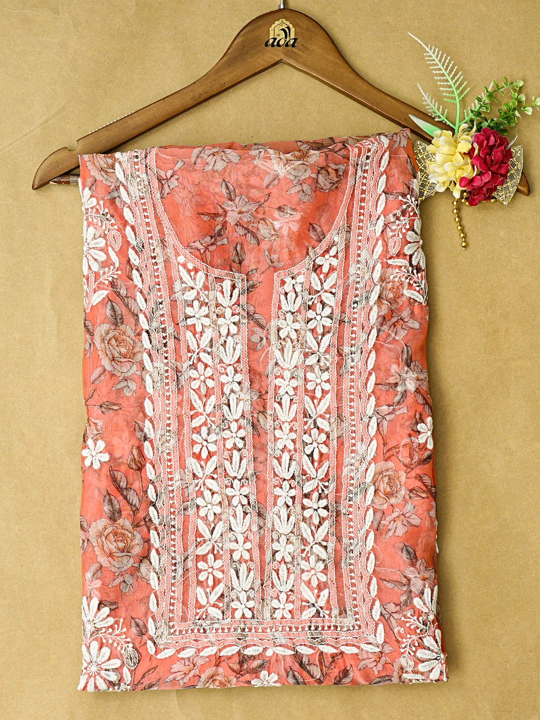 Ada Hand Embroidered Floral Printed Orange Organza Lucknowi Chikankari Unstitched Kurta Piece 01A833439