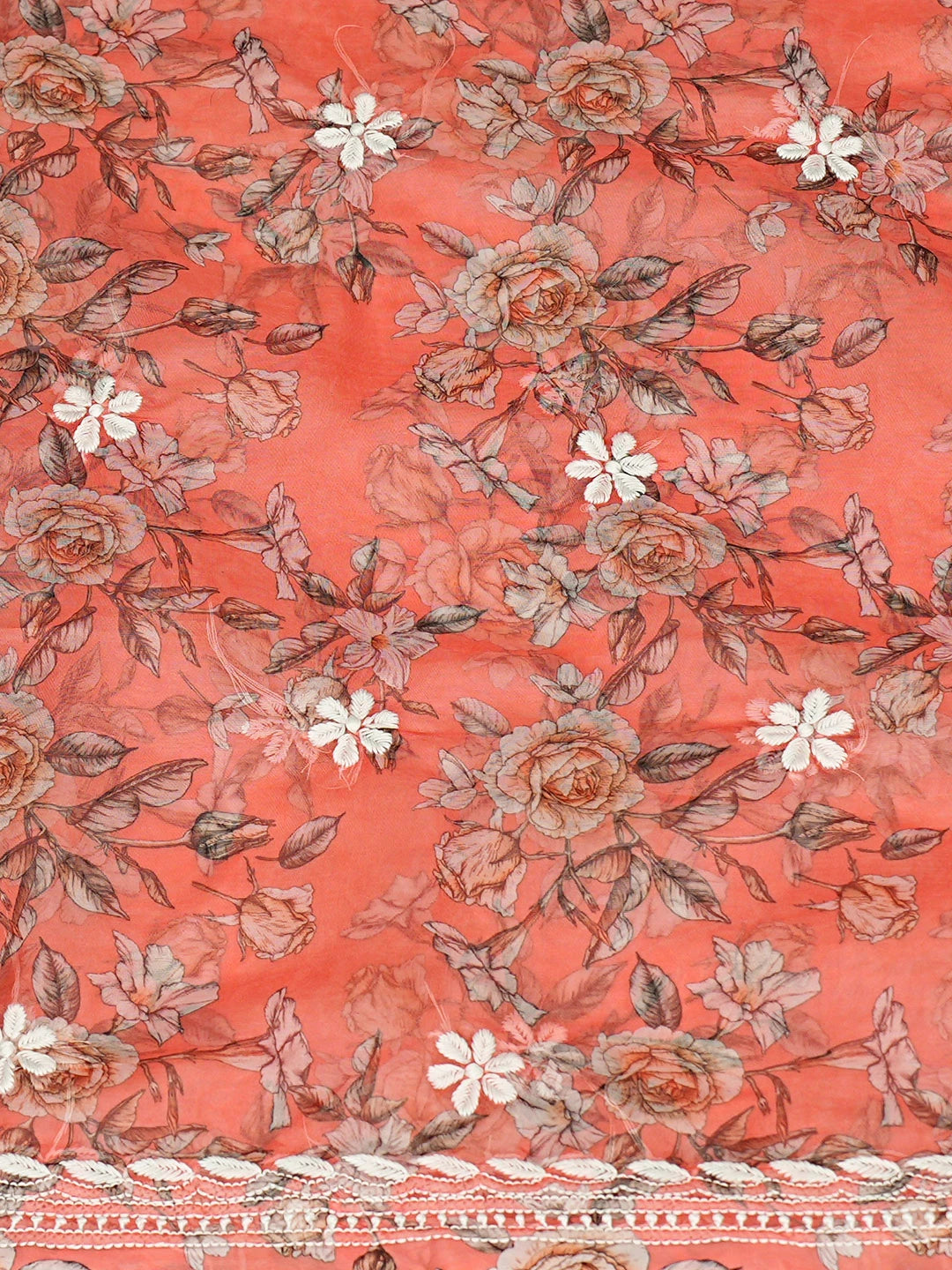 Ada Hand Embroidered Floral Printed Orange Organza Lucknowi Chikankari Unstitched Kurta Piece 01A833439