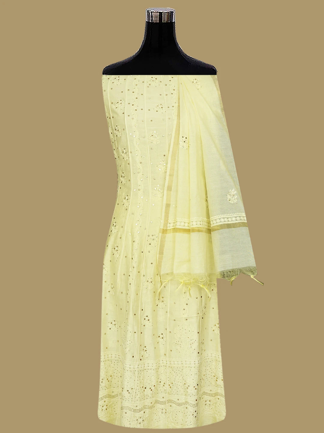 Ada Hand Embroidered Lemon Chanderi Lucknowi Chikankari Semi-Stitched Anarkali Dupatta Set With Muqaish Work 01A642978