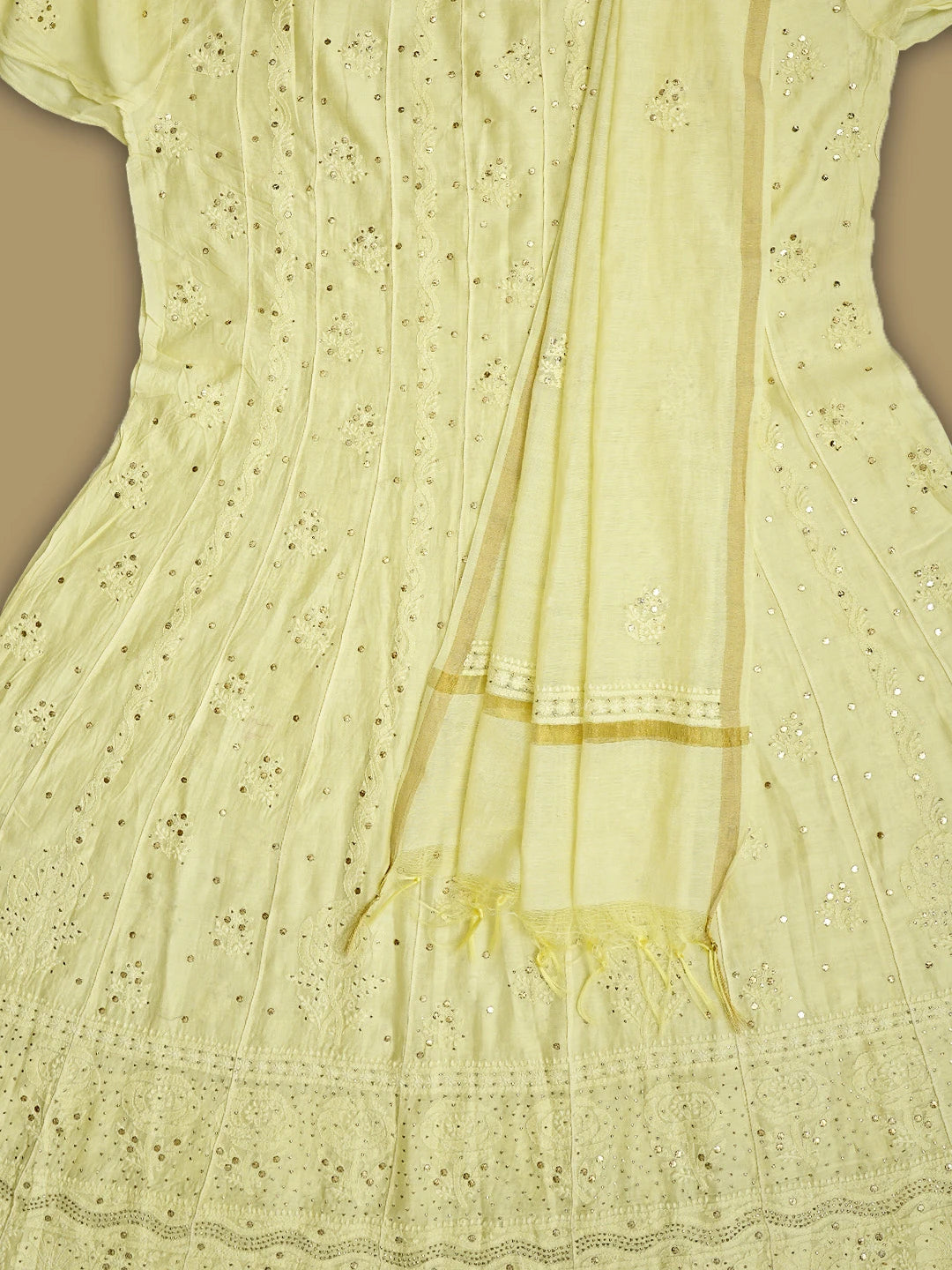 Ada Hand Embroidered Lemon Chanderi Lucknowi Chikankari Semi-Stitched Anarkali Dupatta Set With Muqaish Work 01A642978