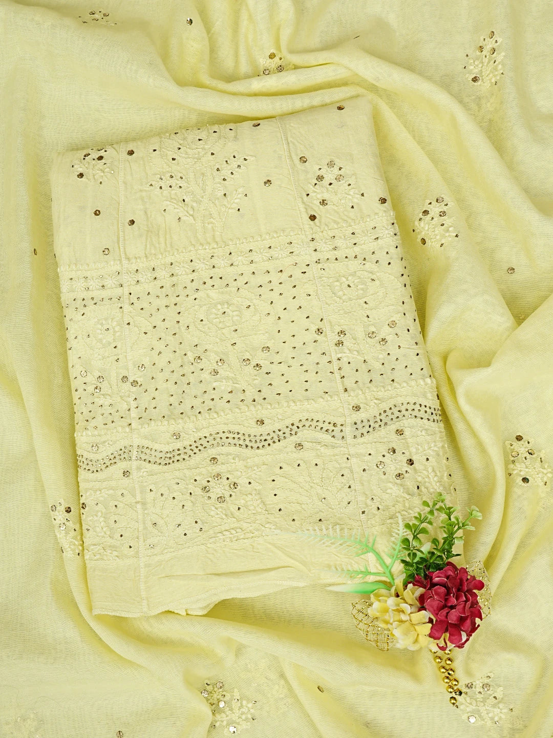 Ada Hand Embroidered Lemon Chanderi Lucknowi Chikankari Semi-Stitched Anarkali Dupatta Set With Muqaish Work 01A642978