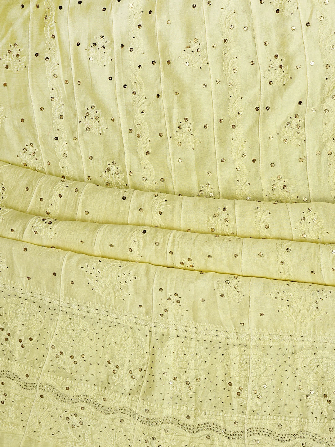 Ada Hand Embroidered Lemon Chanderi Lucknowi Chikankari Semi-Stitched Anarkali Dupatta Set With Muqaish Work 01A642978
