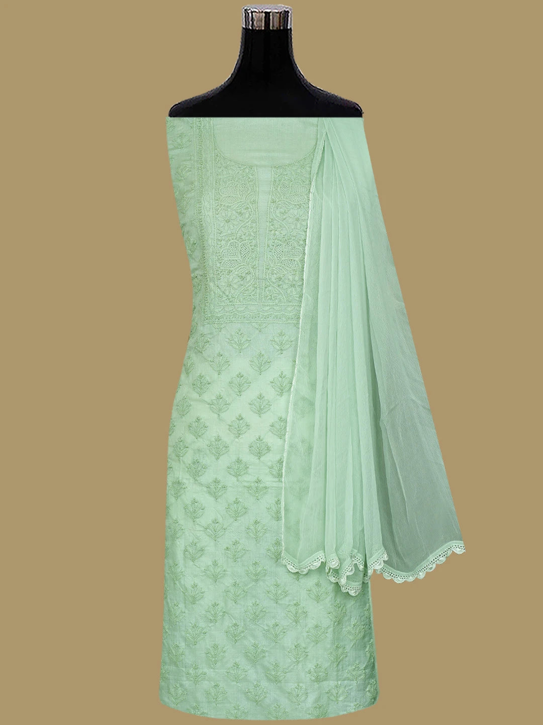 Ada Hand Embroidered Pistachio Green Silk Lucknowi Chikankari Unstitched Suit Piece 01A702982