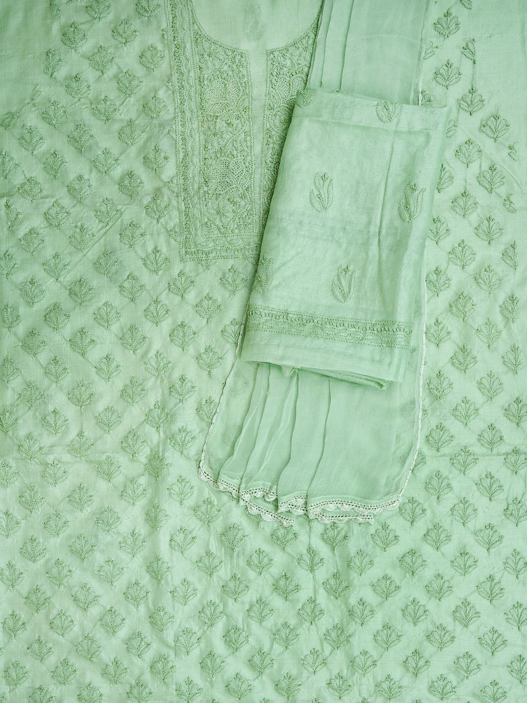 Ada Hand Embroidered Pistachio Green Silk Lucknowi Chikankari Unstitched Suit Piece 01A702982