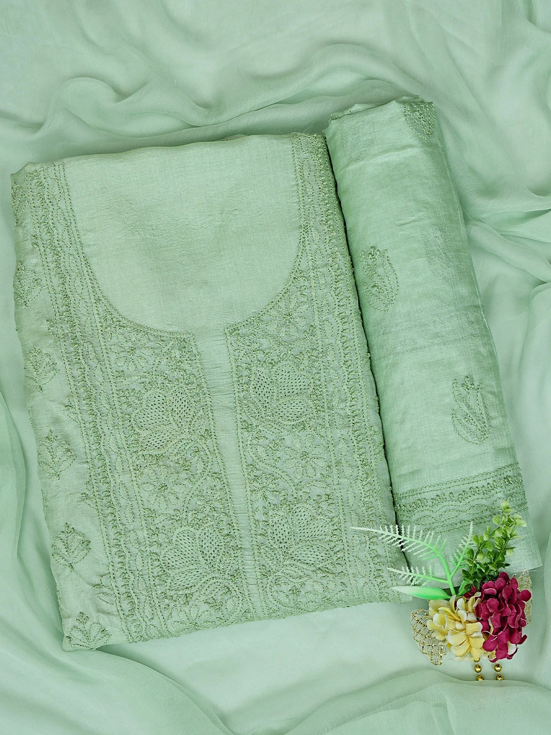 Ada Hand Embroidered Pistachio Green Silk Lucknowi Chikankari Unstitched Suit Piece 01A702982