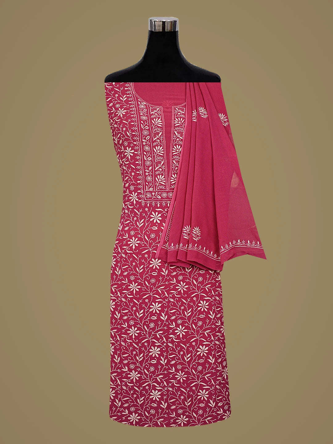 Ada Hand Embroidered Magenta Viscose Georgette Lucknowi Chikankari Unstitched Kurta Dupatta Set 01A843859