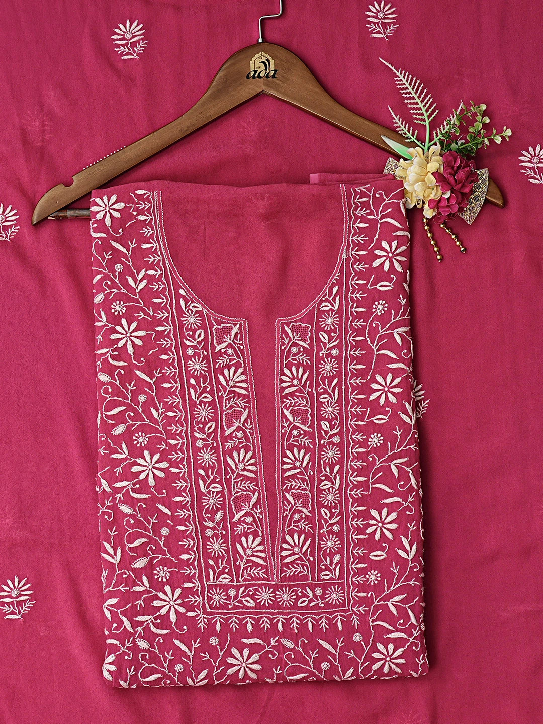 Ada Hand Embroidered Magenta Viscose Georgette Lucknowi Chikankari Unstitched Kurta Dupatta Set 01A843859
