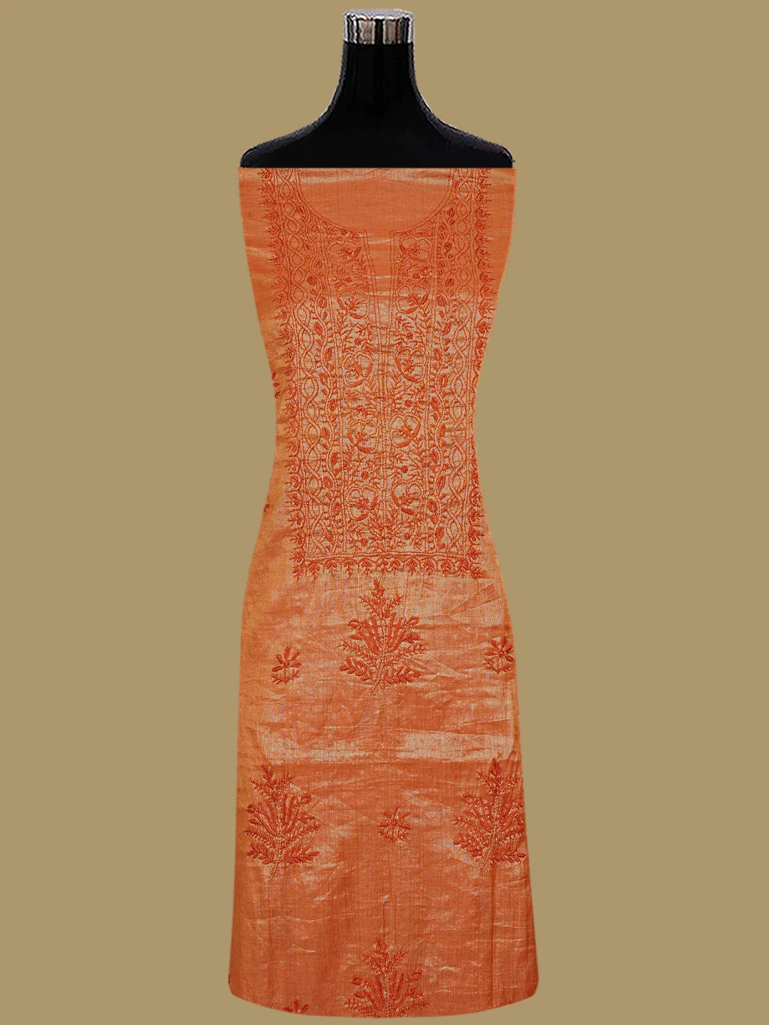 Ada Hand Embroidered Rust Tissue Lucknowi Chikankari Unstitched Kurta Dupatta Set 01A788944