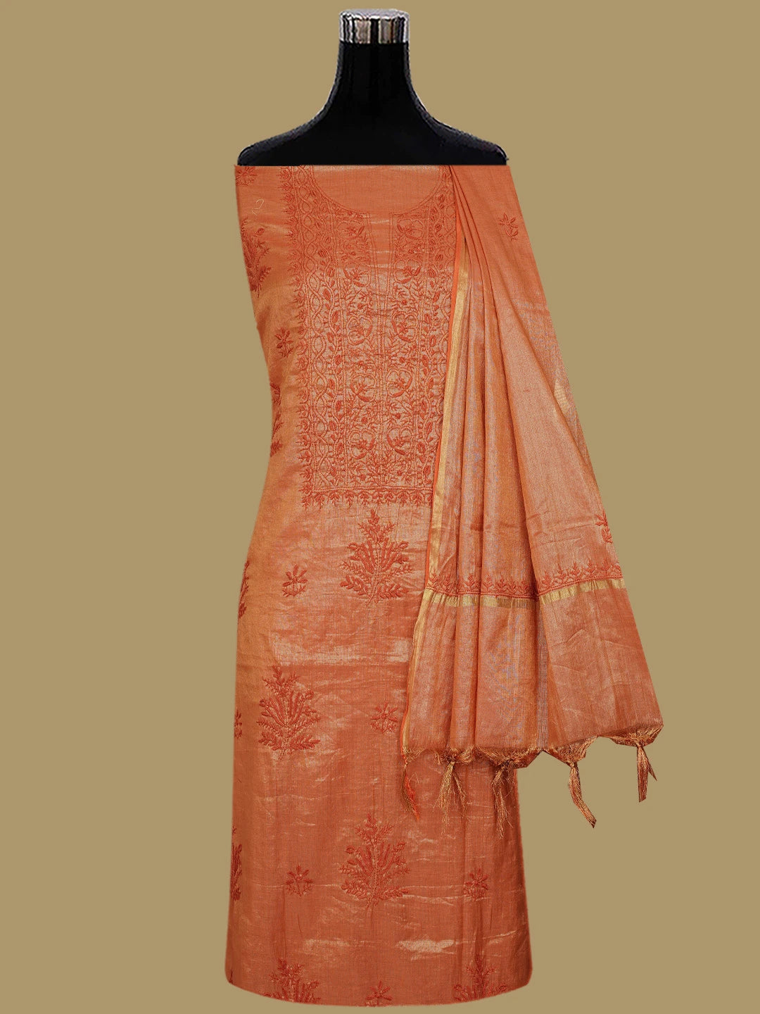 Ada Hand Embroidered Rust Tissue Lucknowi Chikankari Unstitched Kurta Dupatta Set 01A788944