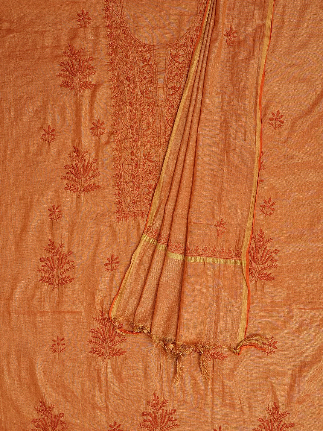 Ada Hand Embroidered Rust Tissue Lucknowi Chikankari Unstitched Kurta Dupatta Set 01A788944
