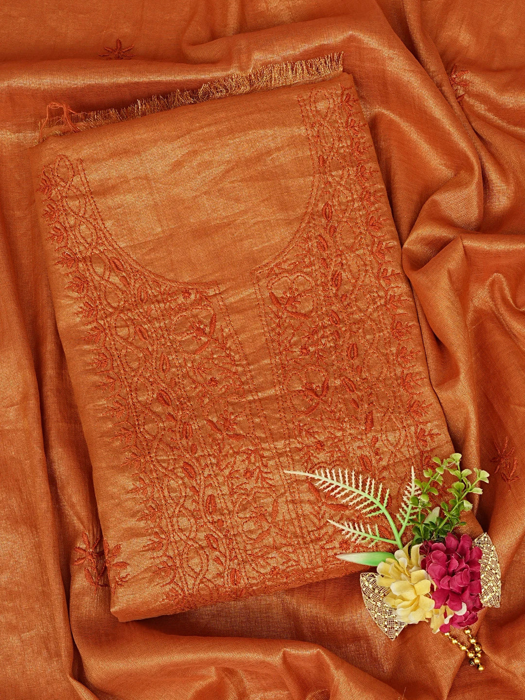 Ada Hand Embroidered Rust Tissue Lucknowi Chikankari Unstitched Kurta Dupatta Set 01A788944
