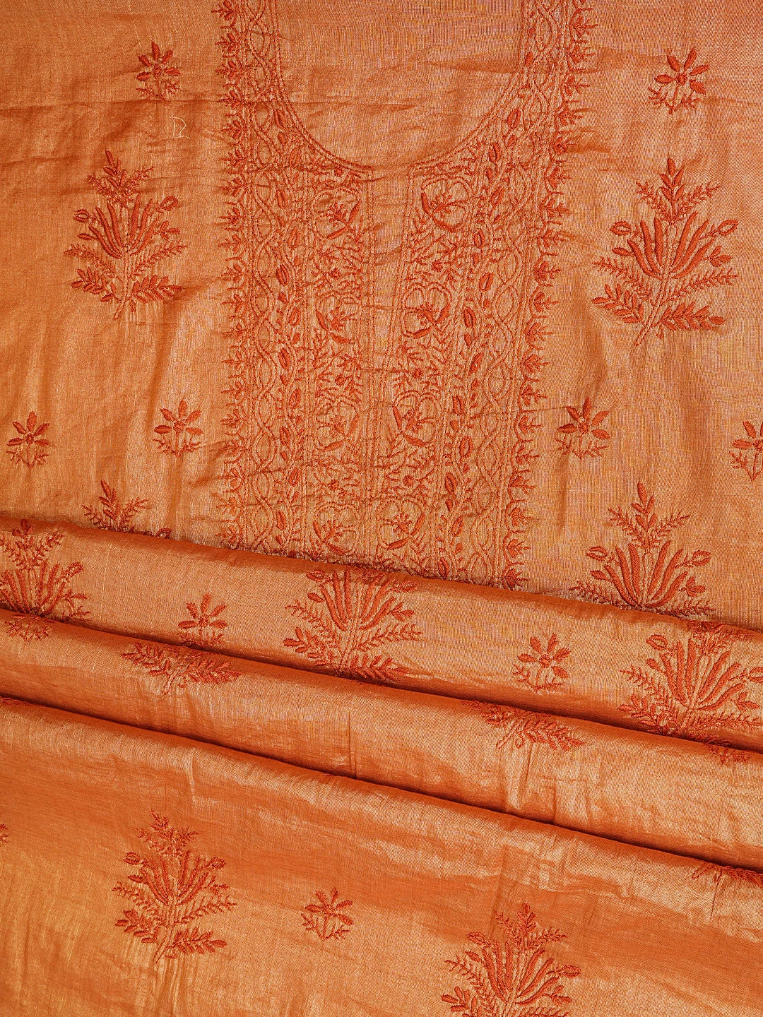 Ada Hand Embroidered Rust Tissue Lucknowi Chikankari Unstitched Kurta Dupatta Set 01A788944