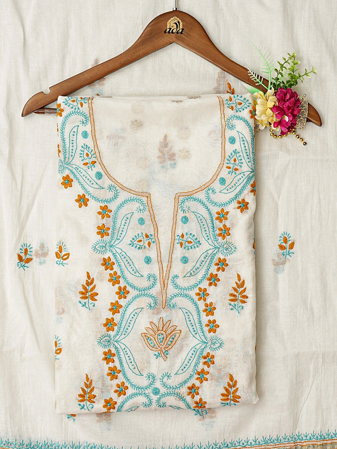 Ada Hand Embroidered White Chanderi Lucknowi Chikankari Unstitched Kurta Dupatta Set 01A836907
