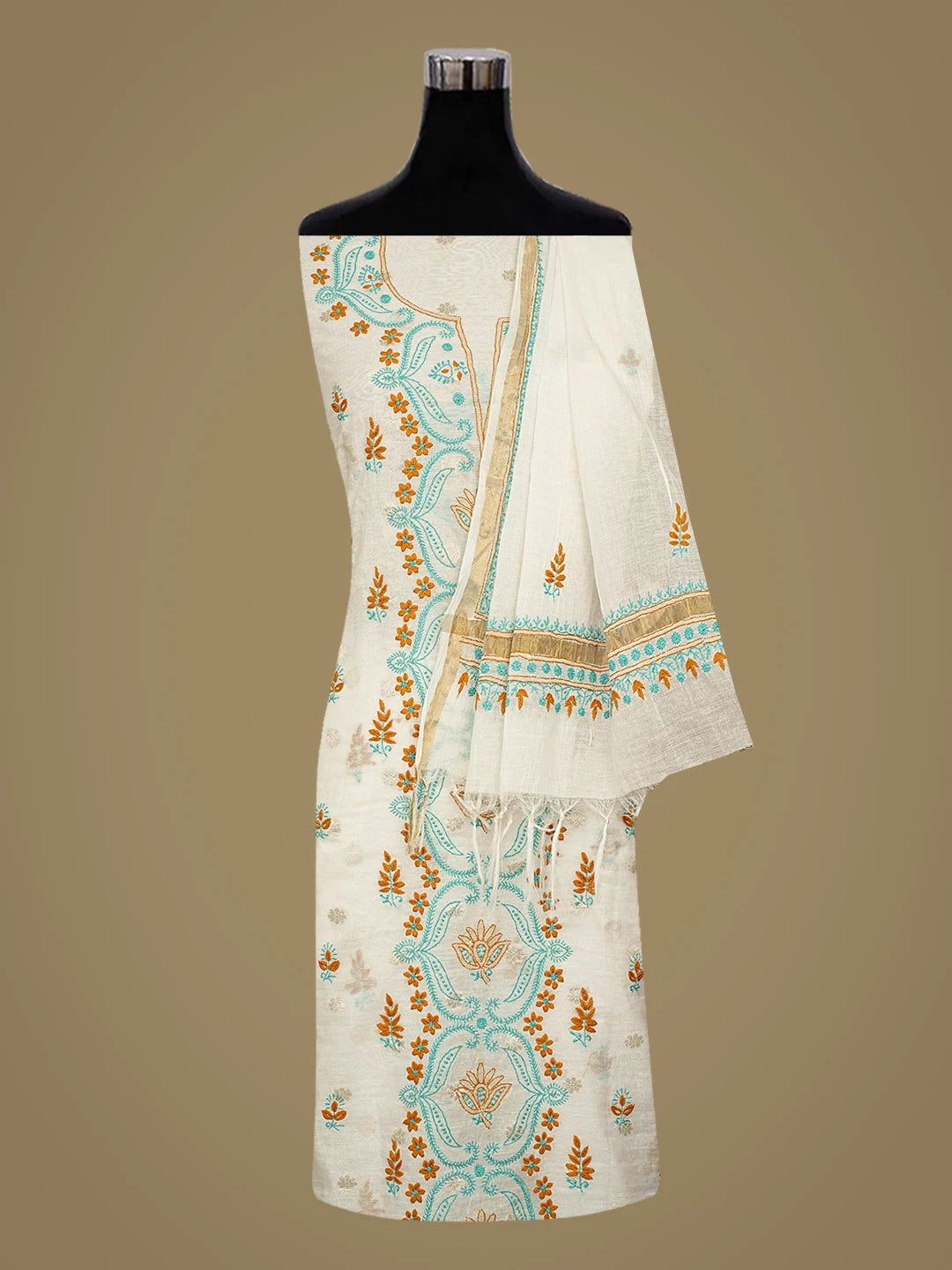 Ada Hand Embroidered White Chanderi Lucknowi Chikankari Unstitched Kurta Dupatta Set 01A836907