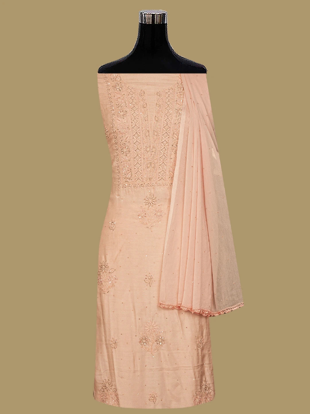 Ada Hand Embroidered Dusty Peach Muslin Lucknowi Chikankari Unstitched Suit Set With Zari Work 01A795821