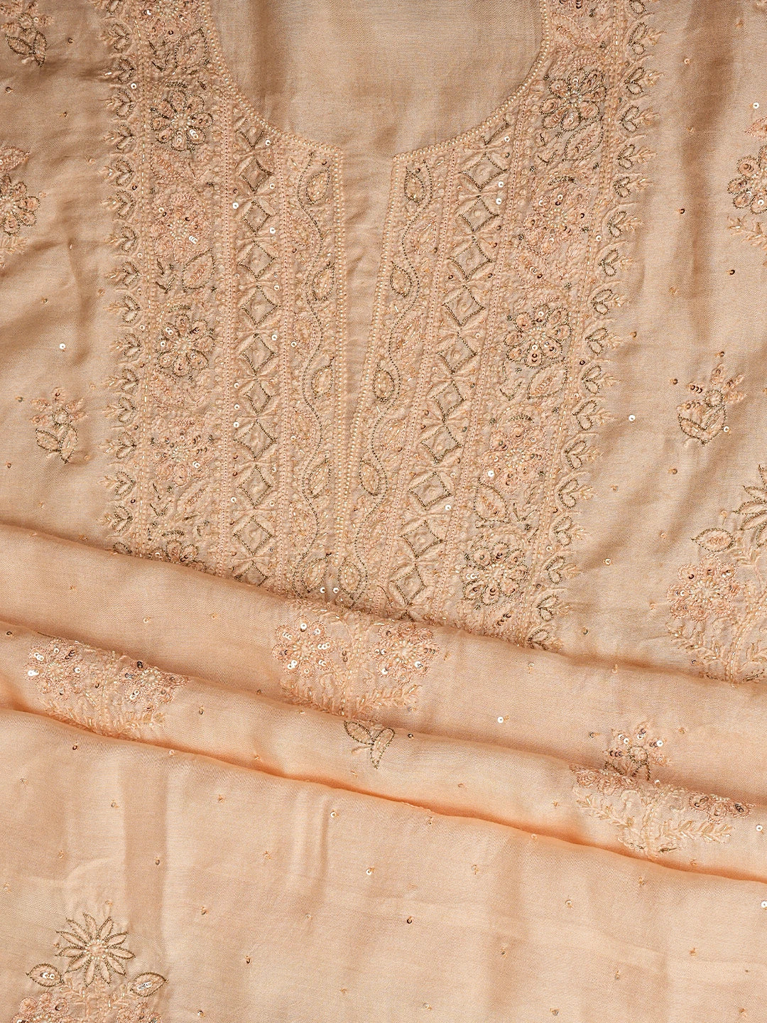 Ada Hand Embroidered Dusty Peach Muslin Lucknowi Chikankari Unstitched Suit Set With Zari Work 01A795821
