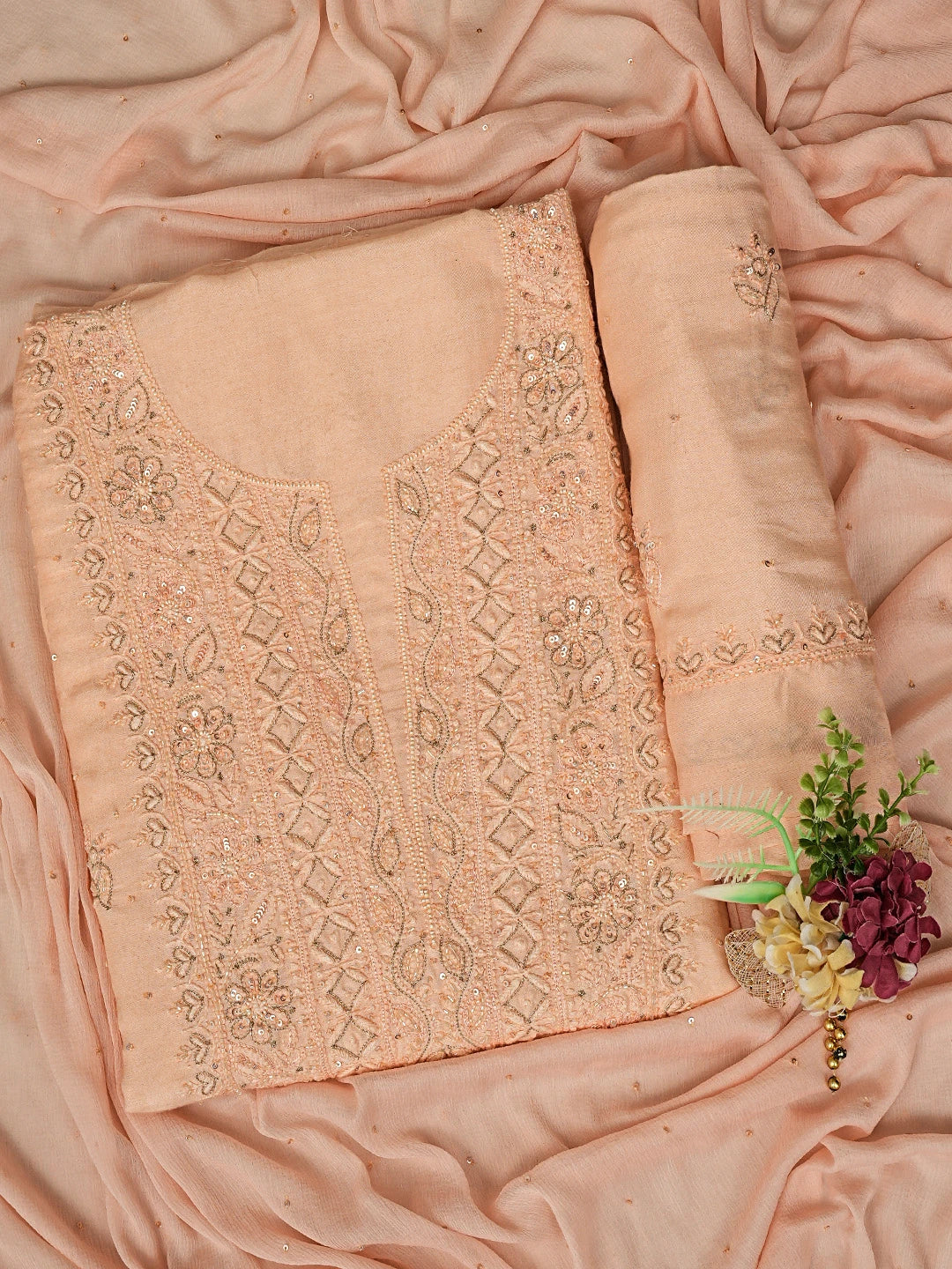 Ada Hand Embroidered Dusty Peach Muslin Lucknowi Chikankari Unstitched Suit Set With Zari Work 01A795821
